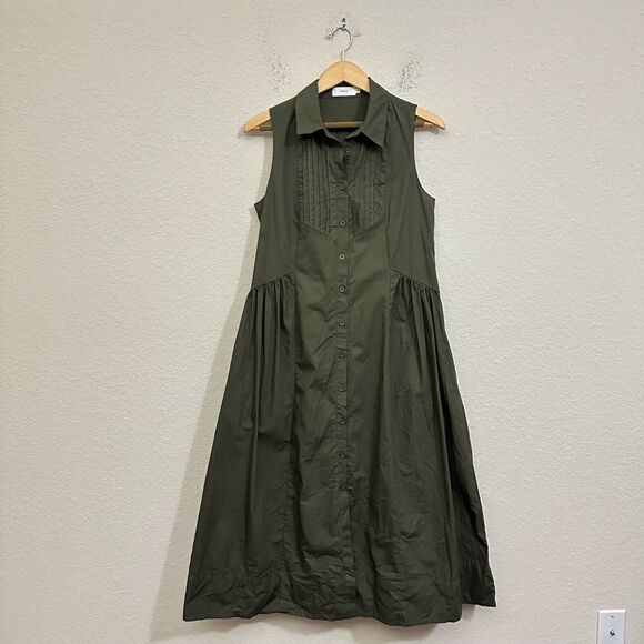 NWOT MAYE THE LABEL Pleated Corinne Shirt Dress Midi Poplin in Khaki - Picture 1 of 14